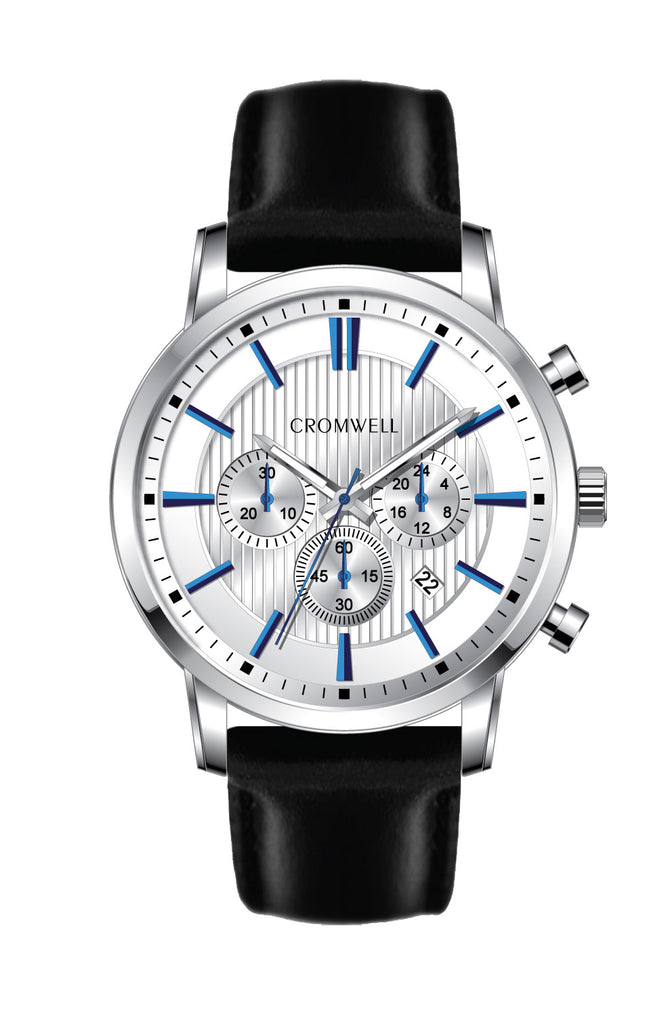44mm "Belmont" - Silver Case Chronograph with White Face, Blue Digits - Cromwell Watch Company