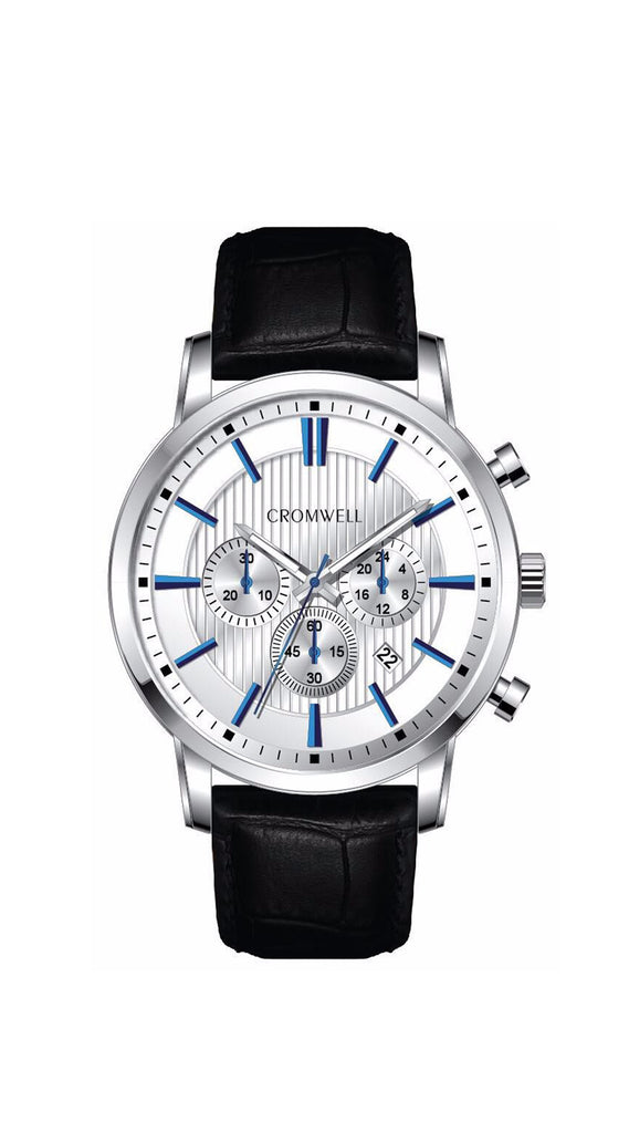 44mm "Belmont" - Silver Case Chronograph with White Face, Blue Digits - Cromwell Watch Company