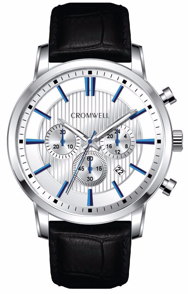 44mm "Belmont" - Silver Case Chronograph with White Face, Blue Digits - Cromwell Watch Company