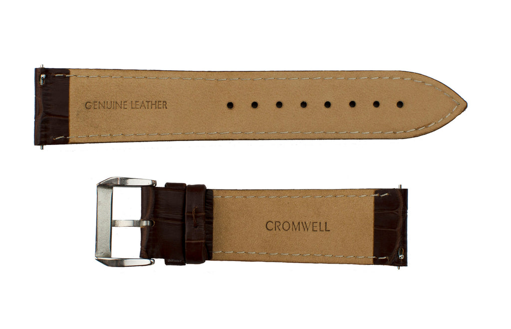 Watch Band- 22mm Dark Brown Crocodile w/Silver Round Buckle (For 44mm and 48mm watch cases) - Cromwell Watch Company