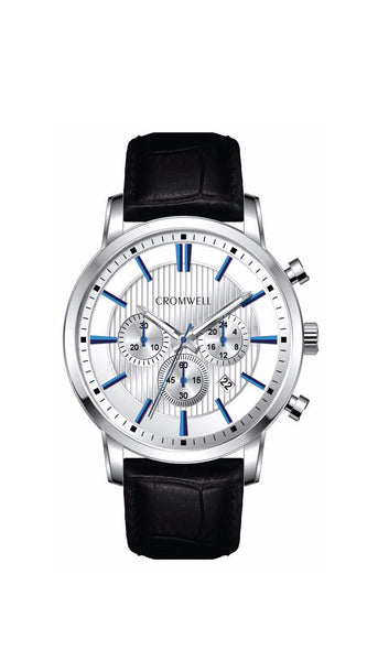 44mm "Belmont" - Silver Case Chronograph with White Face, Blue Digits - Cromwell Watch Company